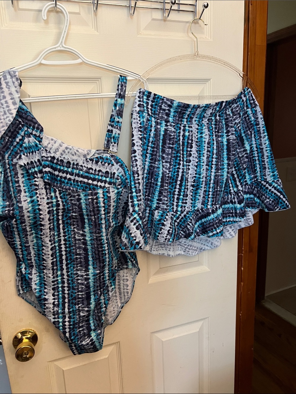 Blue Patterned One-Piece Swimsuit with Skirted Cover-Up